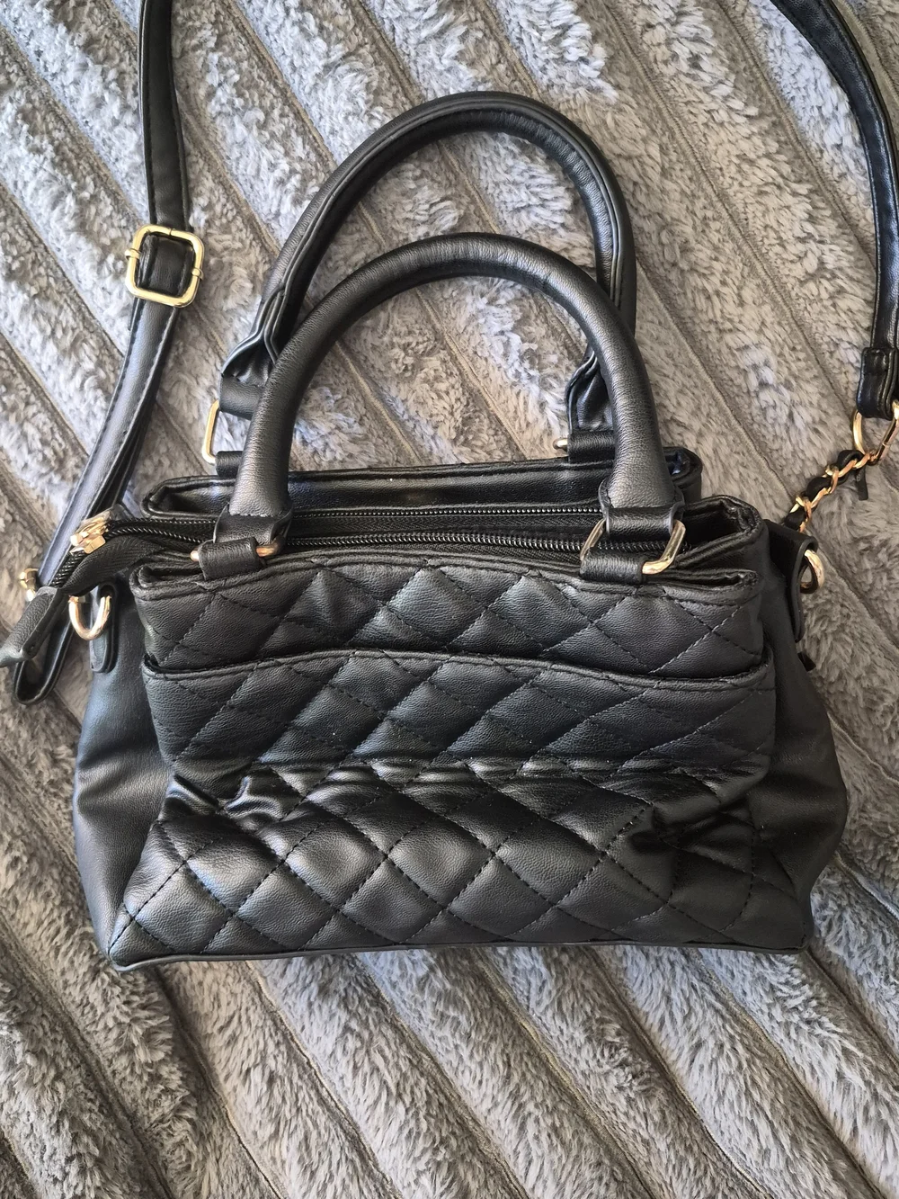 Bebe Black Quilted Satchel Handbag with Gold Accent